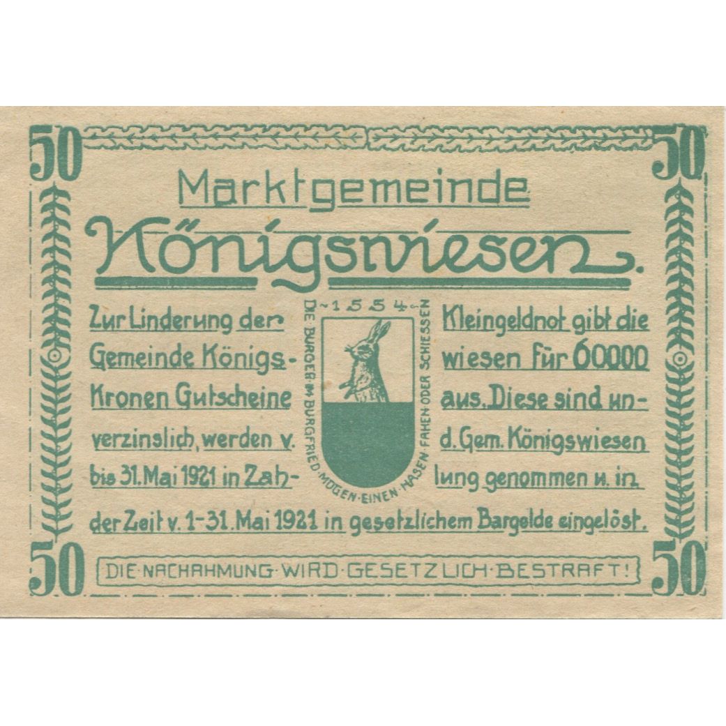 Billet, Autriche, Konigswiesen, 50 Heller, sapin 1921-05-31, SPL, Mehl:FS 464