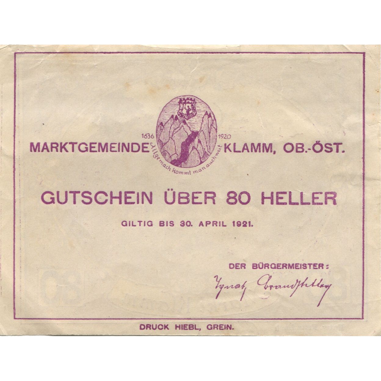 Billet, Autriche, Klamm, 80 Heller, village, 1921, 1921-04-30, SUP, Mehl:FS 453a