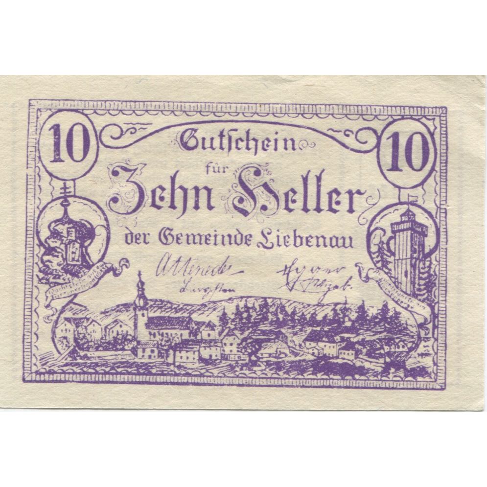 Banknote, Austria, Liebenau, 10 Heller, paysage, 1921, UNC(60-62) Mehl:FS 521