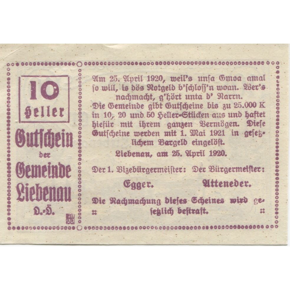 Banknote, Austria, Liebenau, 10 Heller, paysage, 1921, UNC(60-62) Mehl:FS 521