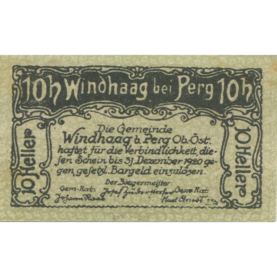 Billet, Autriche, Windhaag, 10 Heller, château 1920-12-31, SUP Mehl:FS 1243I