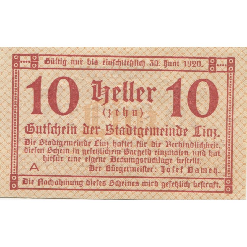 Geldschein, Österreich, Linz, 10 Heller, Texte 1920-06-30, UNZ-, Mehl:FS 529a