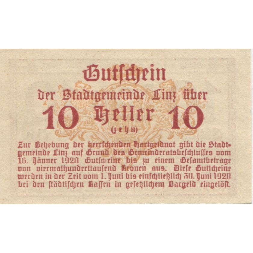 Geldschein, Österreich, Linz, 10 Heller, Texte 1920-06-30, UNZ-, Mehl:FS 529a