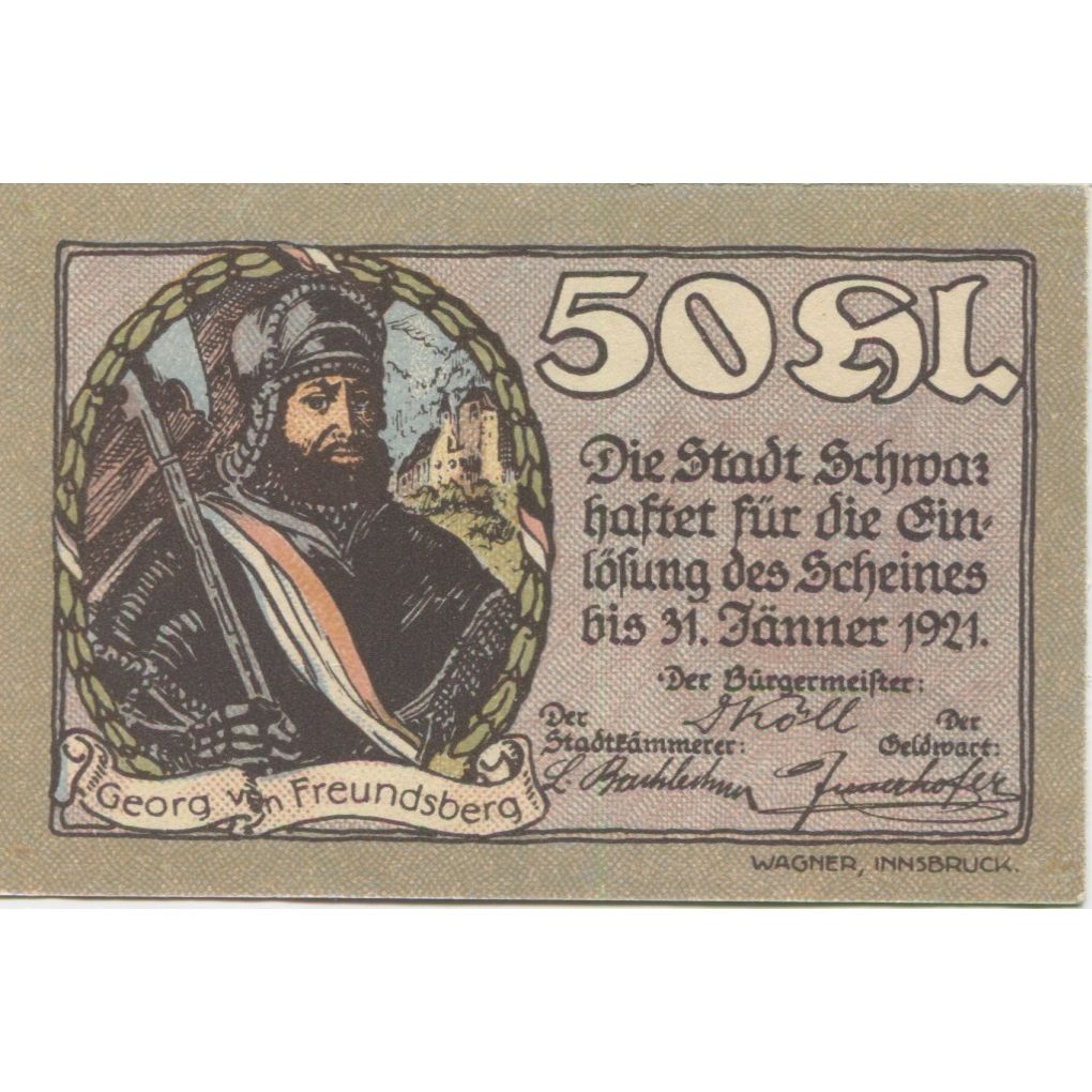 Geldschein, Österreich, Schwaz, 50 Heller, portrait, 1920 UNZ- Mehl:FS 983a