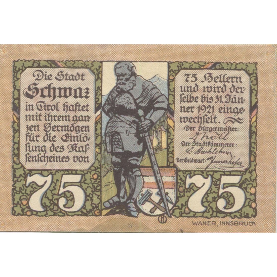 Billet, Autriche, Schwaz, 60 Heller, chevalier 1920-12-31, SPL, Mehl:FS 983a