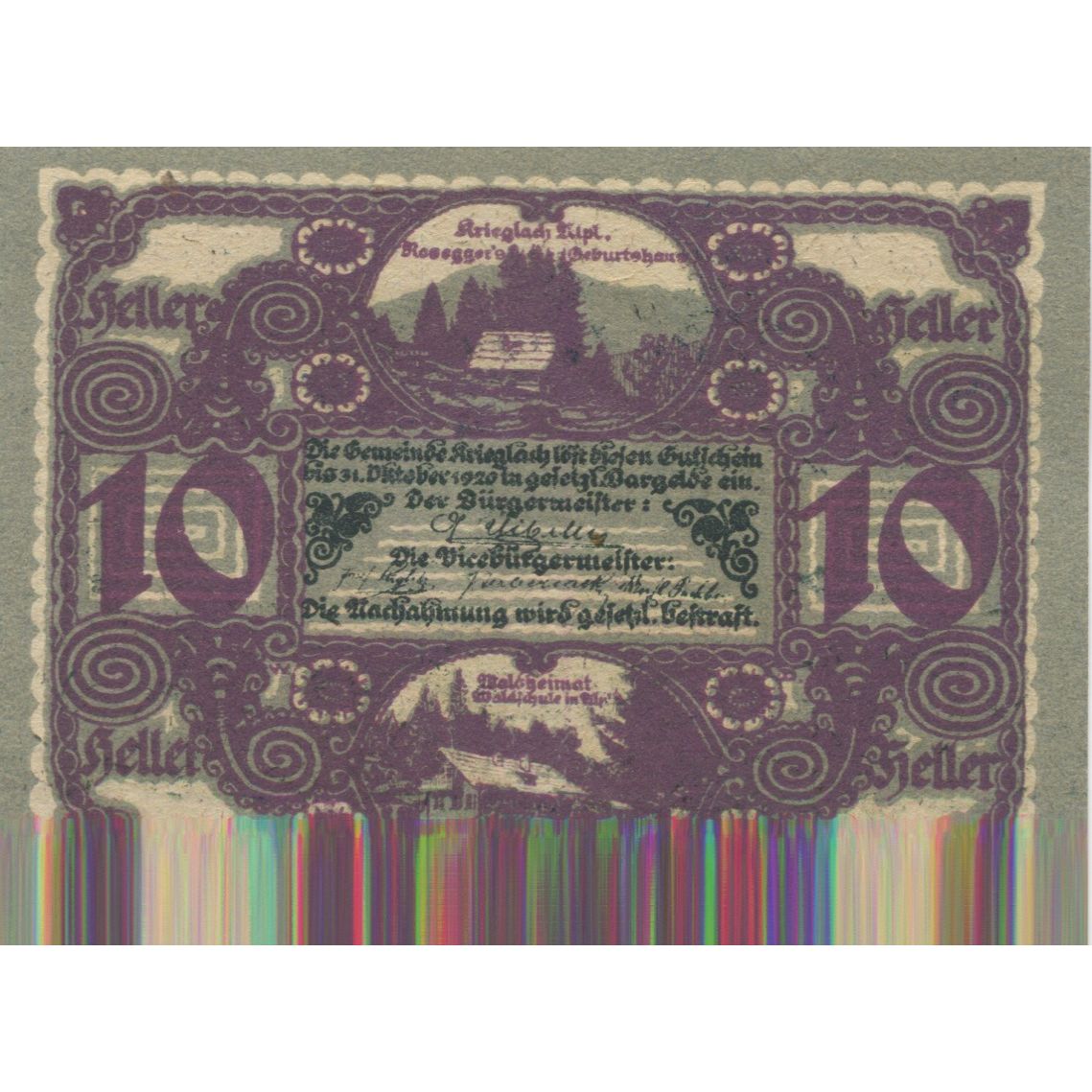 Banknote, Austria, Krieglach, 10 Heller, personnage, 1920 UNC(63) Mehl:FS 480a