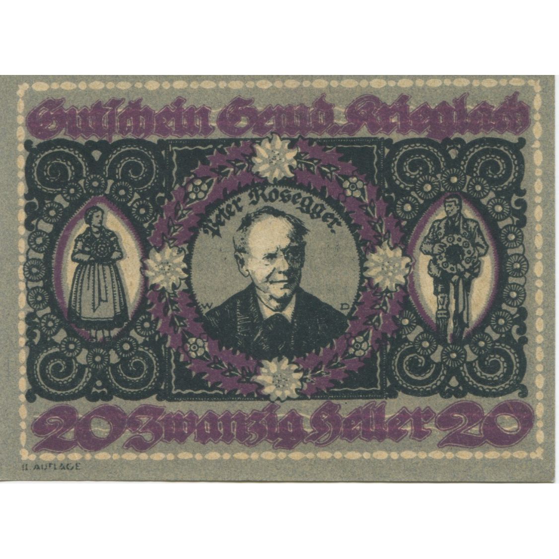 Banknote, Austria, Krieglach, 20 Heller, portrait, 1920 UNC(63) Mehl:FS 480a