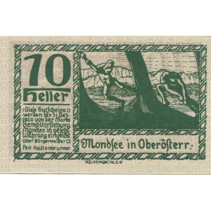 Biljet, Oostenrijk, Mondsee, 10 Heller, personnage 1920-12-31, SPL Mehl:FS 626a1