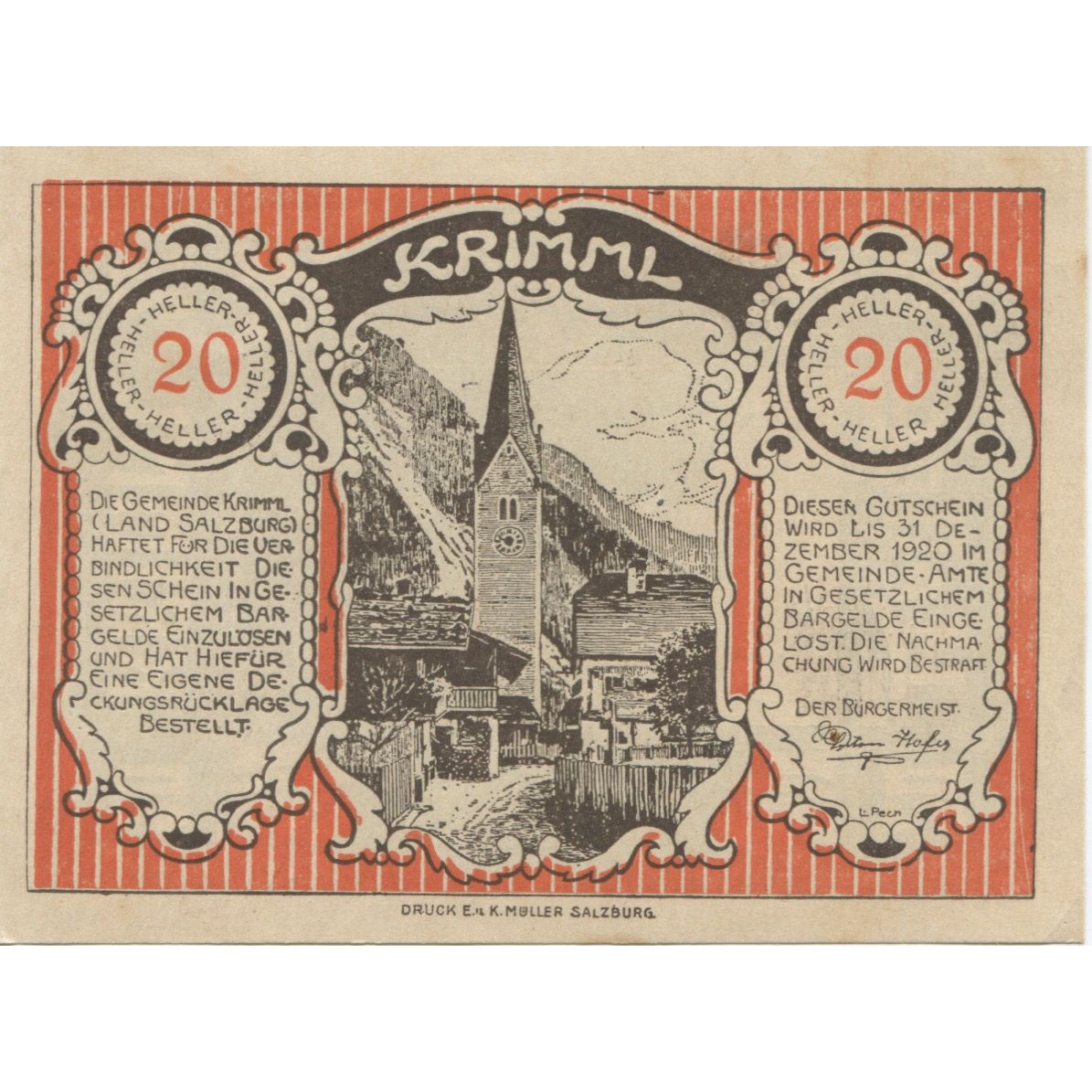Banknote, Austria, Krimml, 20 Heller, village, 1920 UNC(60-62) Mehl:FS 483a
