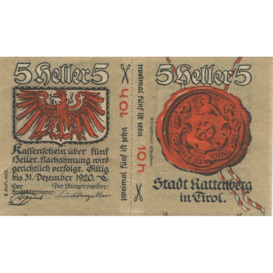 Billet, Autriche, Rattenberg, 5 Heller, Blason 1920-12-31, SPL Mehl:FS 821I
