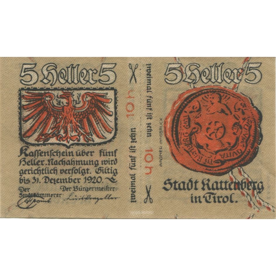 Billet, Autriche, Rattenberg, 5 Heller, Blason 1920-12-31, SPL Mehl:FS 821I