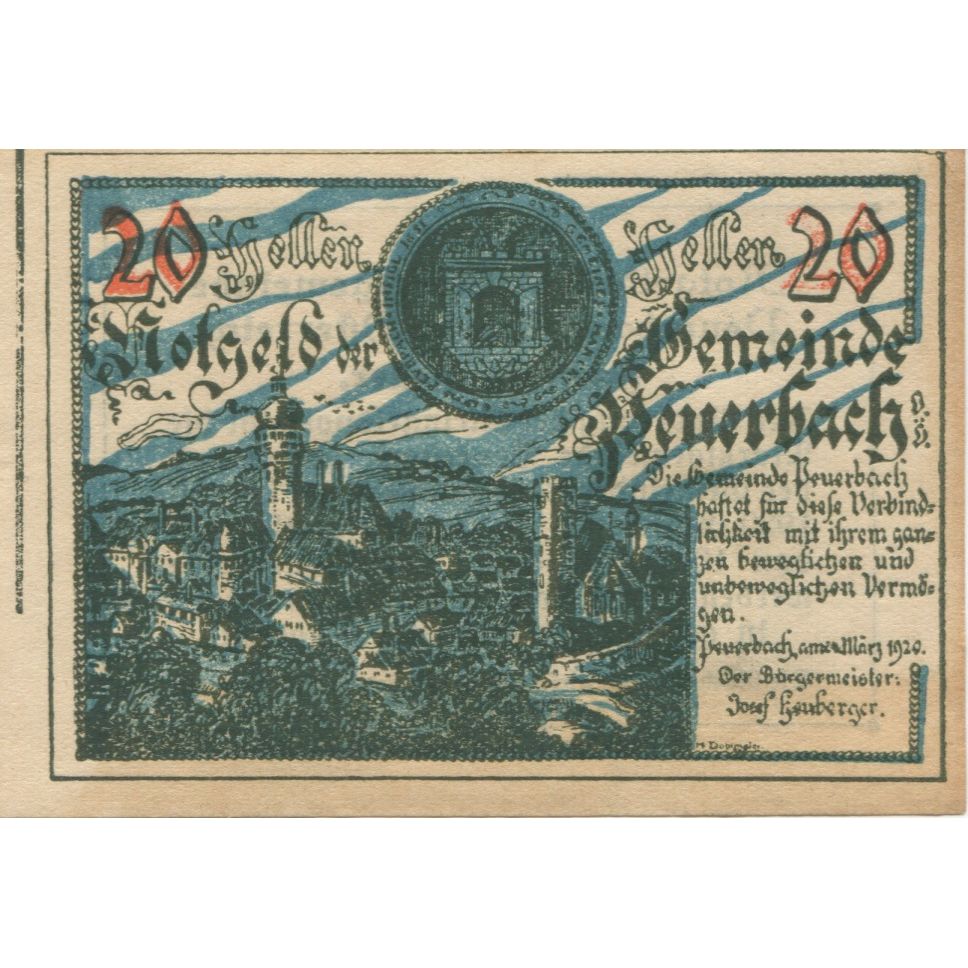 Banknote, Austria, Peuerbach, 20 Heller, Blason, 1920 UNC(63) Mehl:FS 741Ia
