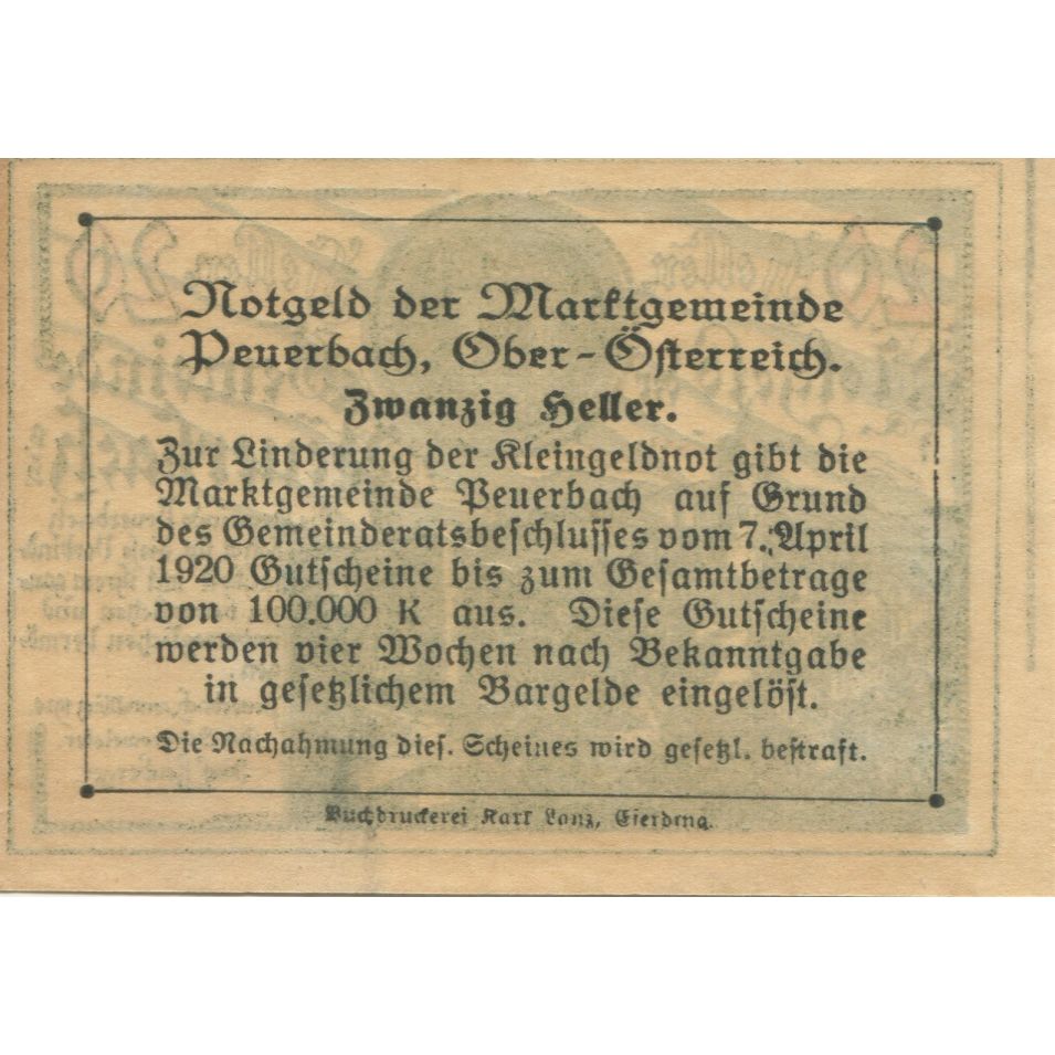 Banknote, Austria, Peuerbach, 20 Heller, Blason, 1920 UNC(63) Mehl:FS 741Ia