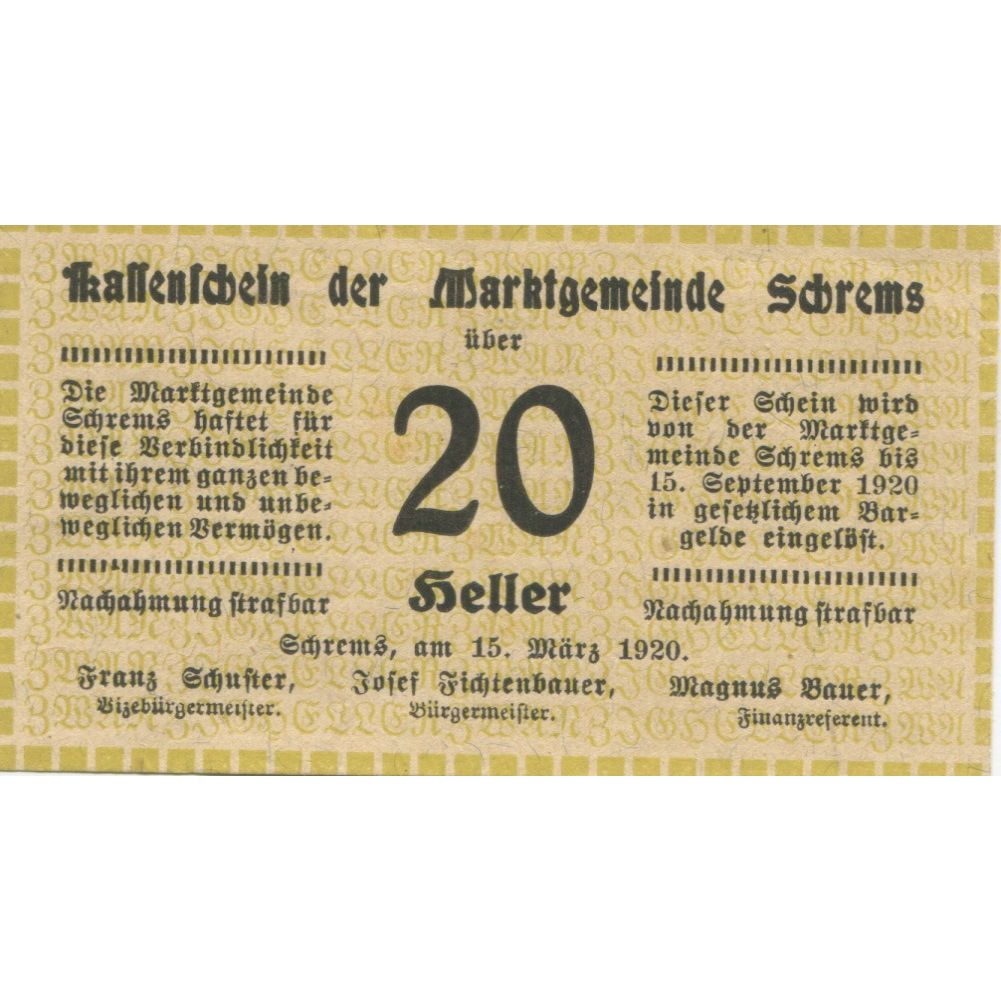 Billet, Autriche, Schrems, 20 Heller, Texte 1920-09-15, SPL, Mehl:FS 972Ib