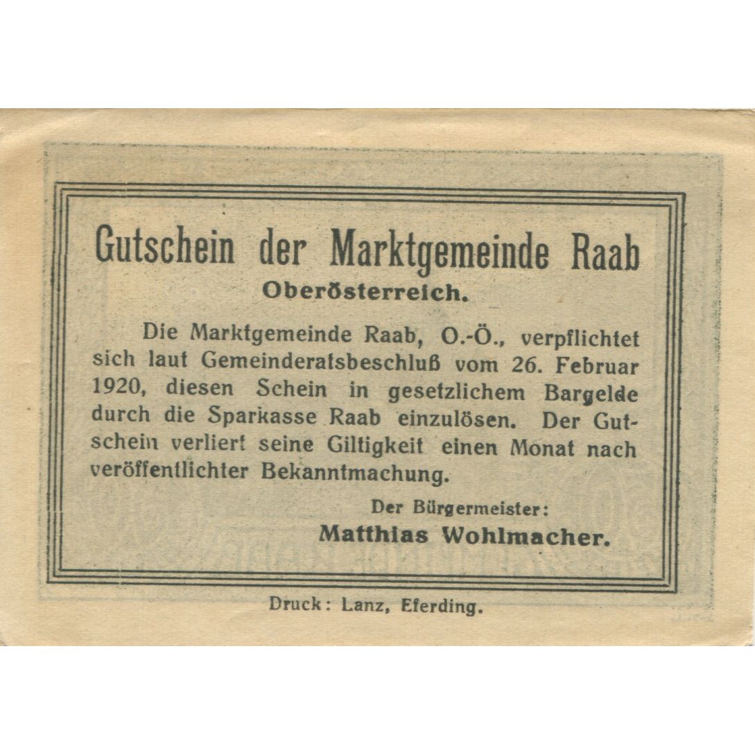 Nota, Áustria, Raab, 50 Heller, village, 1920, UNC(60-62), Mehl:FS 805