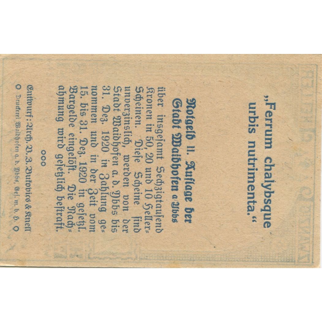 Banknote, Austria, Waidhofen, 20 Heller, village, 1920 UNC(63) Mehl:FS 1127IIc