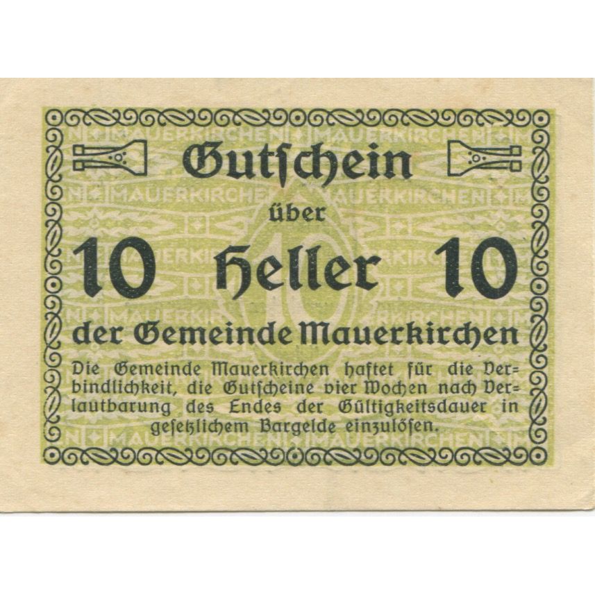 Banknote, Austria, Mauerkirchen, 10 Heller Blason, 1920, UNC(63), Mehl:FS 598IBc
