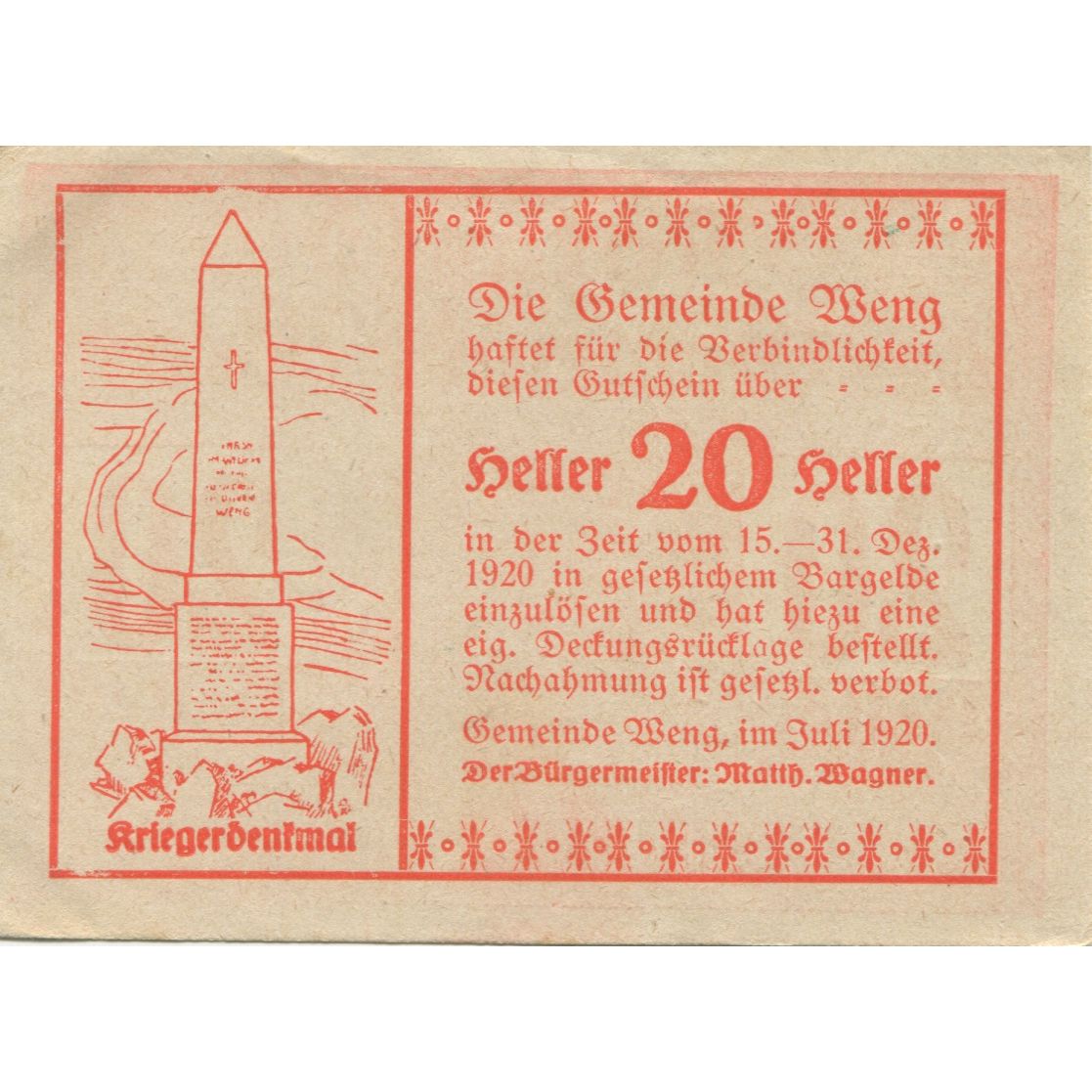 Banknote, Austria, Weng, 20 Heller, chapelle 1920-12-31, UNC(63), Mehl:FS 1171