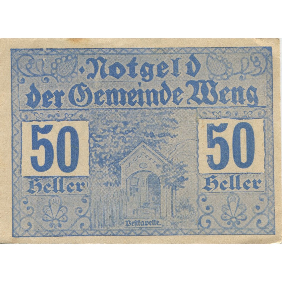Banknote, Austria, Weng, 50 Heller, Monument, 1920 UNC(63), Mehl:FS 1171