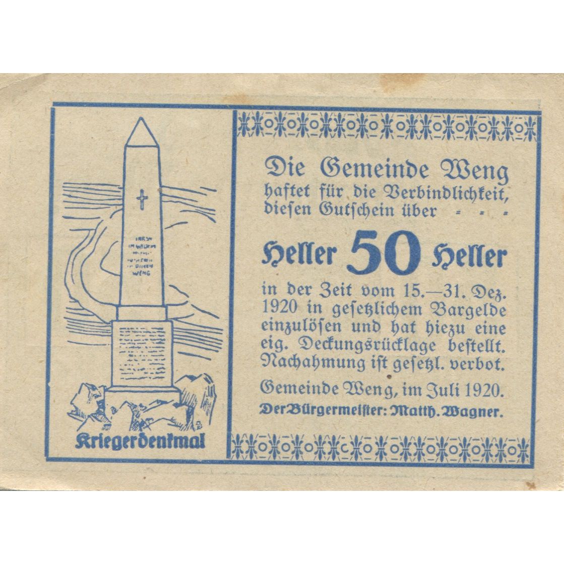 Banknote, Austria, Weng, 50 Heller, Monument, 1920 UNC(63), Mehl:FS 1171