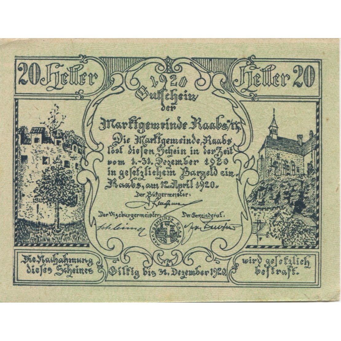 Banknote, Austria, Raab, 20 Heller, Eglise, 1920, UNC(63), Mehl:FS 805