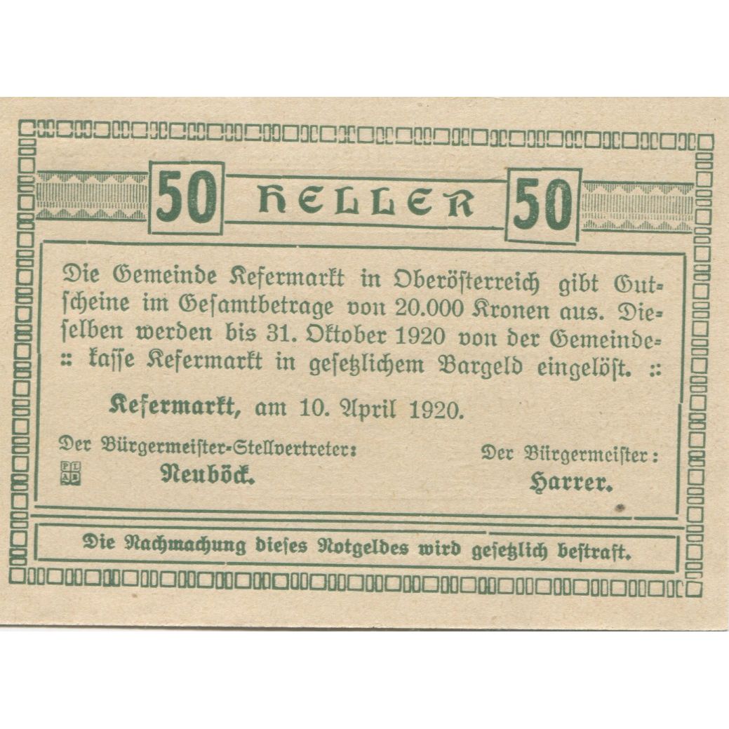 Banknote, Austria, Refermartt, 50 Heller, village, 1920 UNC(63) Mehl:FS 962V
