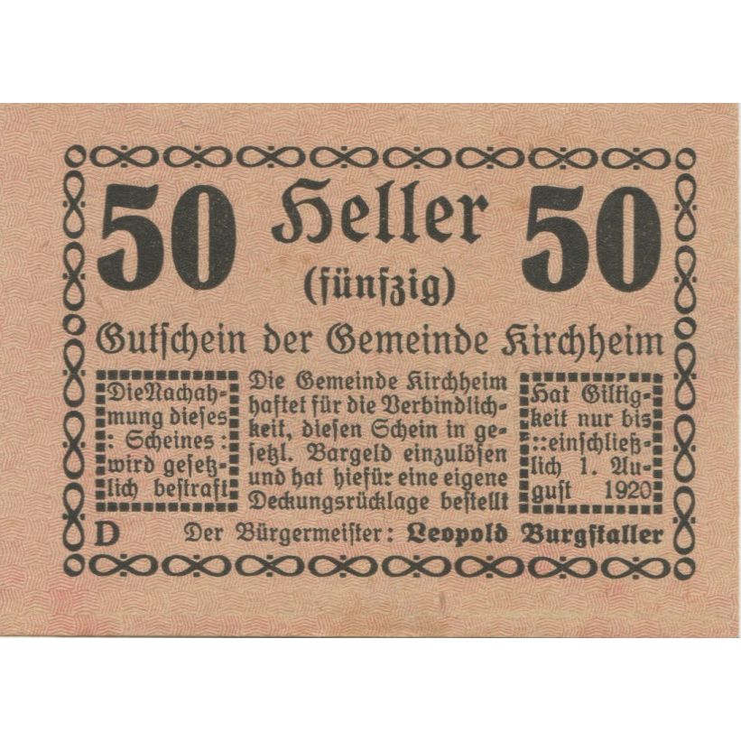 Banknote, Austria, Kirchheim, 50 Heller, Texte, 1920 UNC(63) Mehl:FS 447IIa