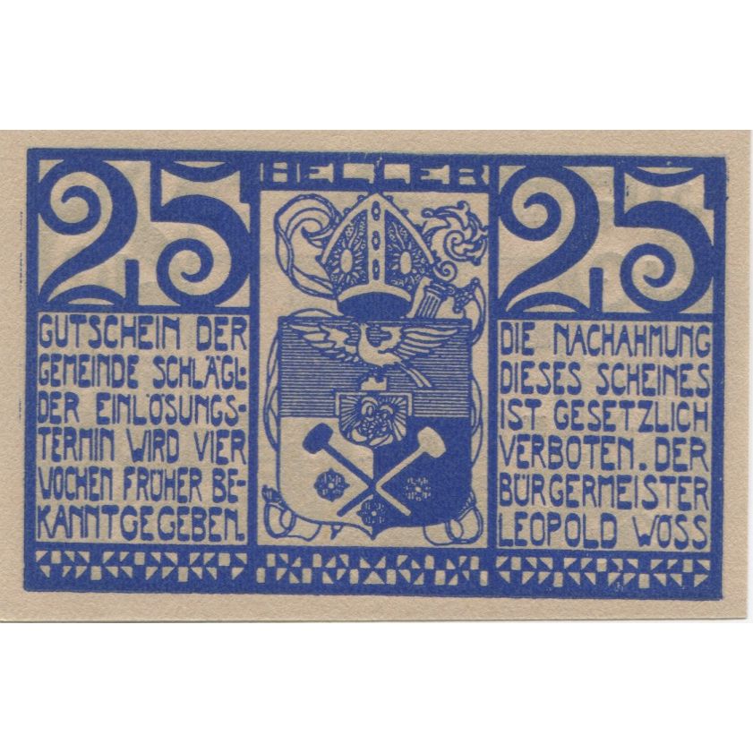 Banknote, Austria, Schlägl, 25 Heller, Blason, 1920, UNC(63), Mehl:FS 960a