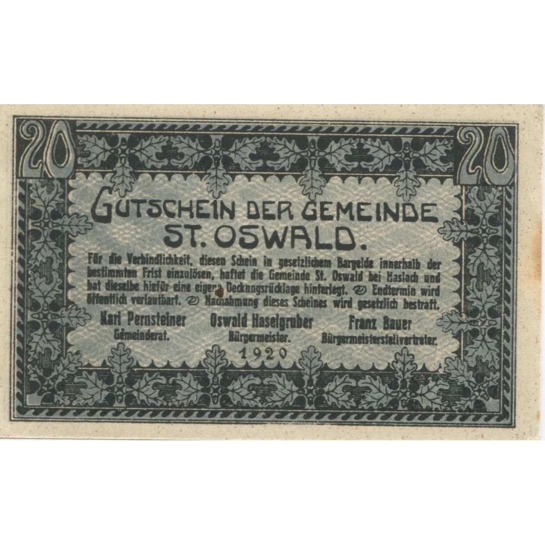 Banknote, Austria, St Oswald, 20 Heller, paysage, 1920, UNC(63), Mehl:FS 918