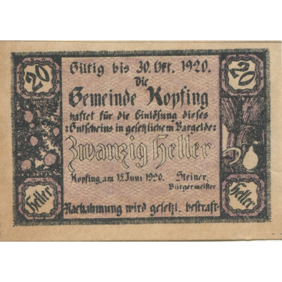Banknote, Austria, Kopfing, 20 Heller, blé 1920-10-31, UNC(63), Mehl:FS 465a
