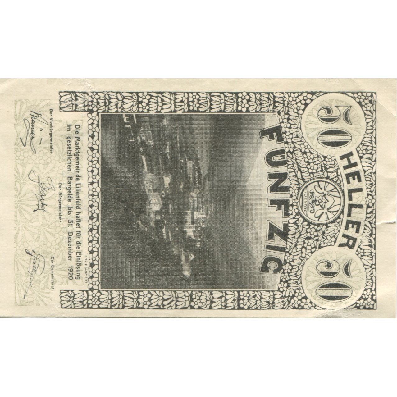 Banknote, Austria, Lilienfeld, 50 Heller, paysage, 1920 AU(55-58) Mehl:FS 523Ia
