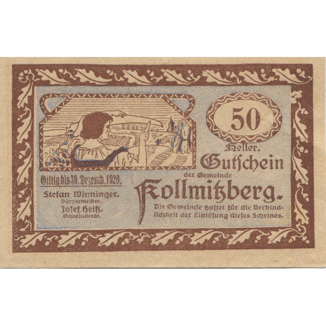 Banknote, Austria, Kollmitzberg, 50 Heller, paysage, 1920 UNC(63) Mehl:FS 462b