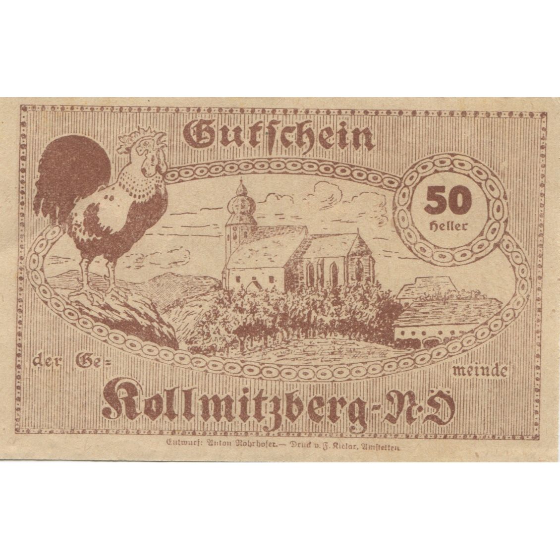 Banknote, Austria, Kollmitzberg, 50 Heller, paysage, 1920 UNC(63) Mehl:FS 462b