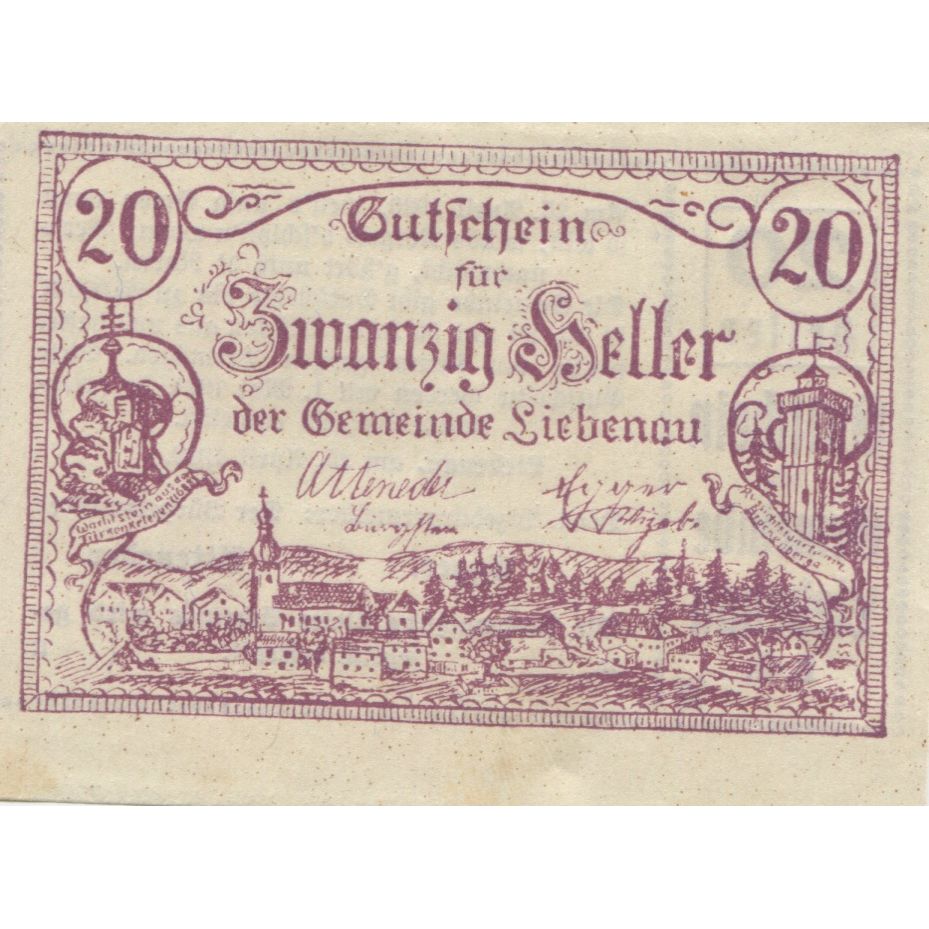Banknote, Austria, Liebenau, 20 Heller, paysage, 1921 UNC(63) Mehl:FS 521
