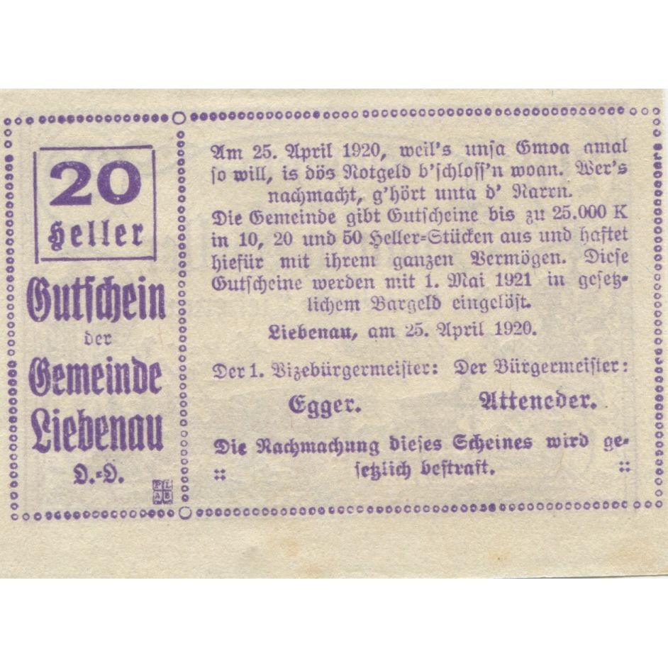 Banknote, Austria, Liebenau, 20 Heller, paysage, 1921 UNC(63) Mehl:FS 521