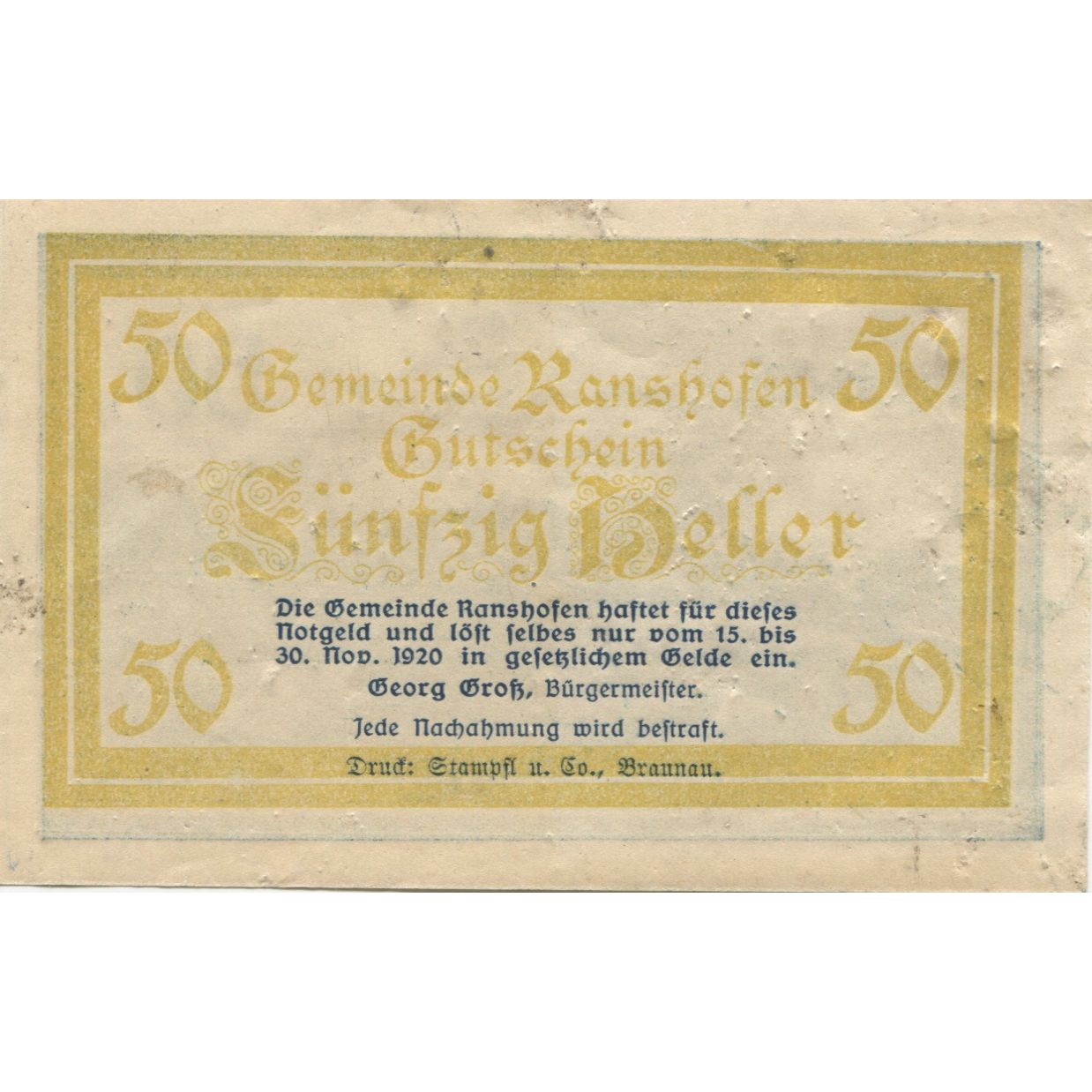 Banknote, Austria, Ranshofen, 50 Heller, village, 1920 AU(55-58) Mehl:FS 819