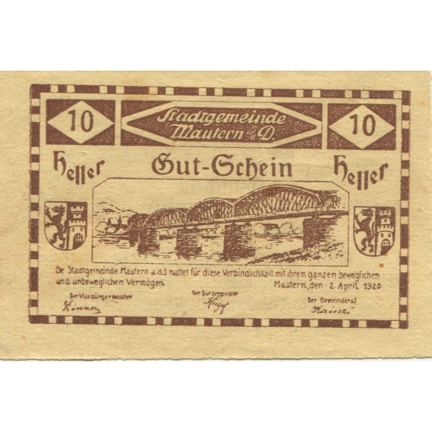 Banknote, Austria, Mautern, 10 Heller, pont, 1920 AU(55-58) Mehl:FS 600IAa