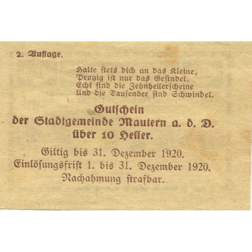 Banknote, Austria, Mautern, 10 Heller, pont, 1920 AU(55-58) Mehl:FS 600IAa