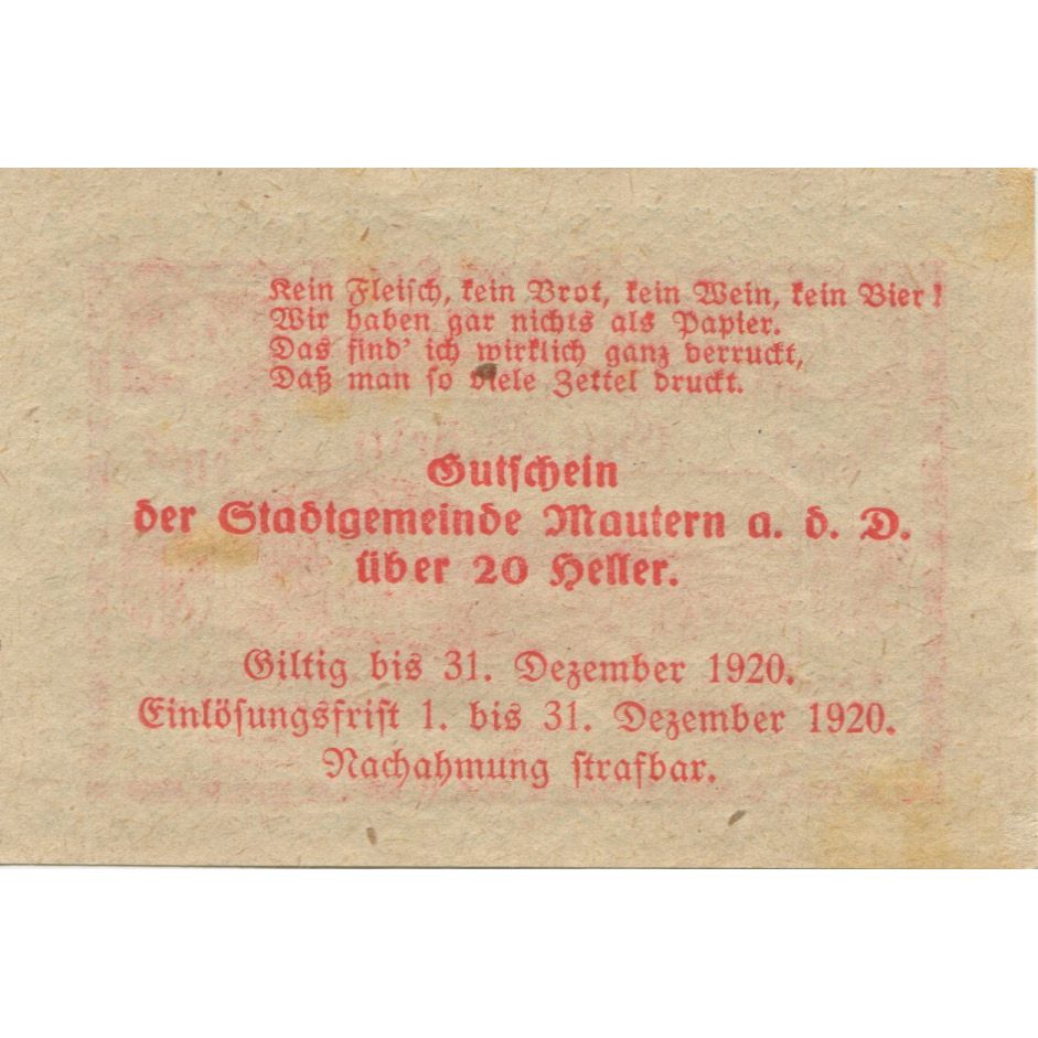 Banknote, Austria, Mautern, 20 Heller, pont 1920-12-31, UNC(63) Mehl:FS 600IAa