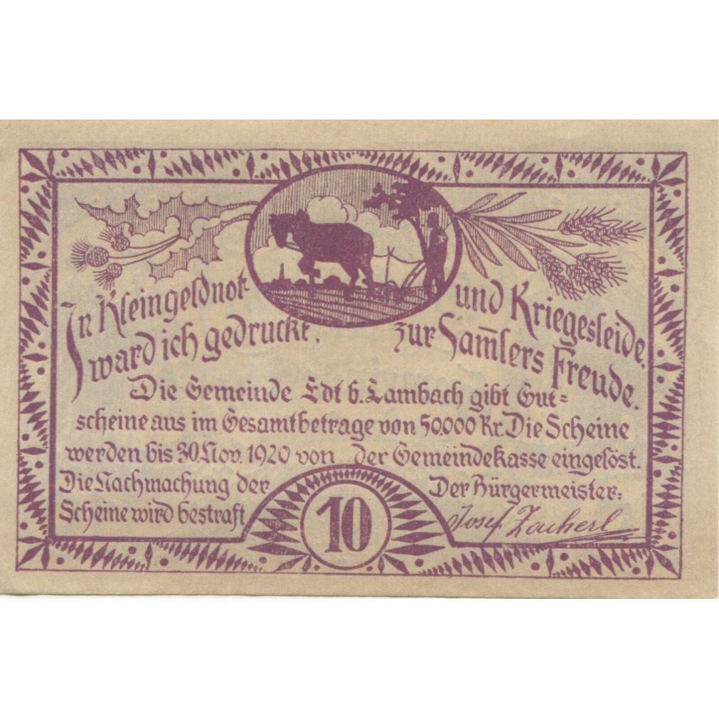 Banknote, Austria, Lambach, 10 Heller, personnage, 1920, UNC(63) Mehl:FS 151a