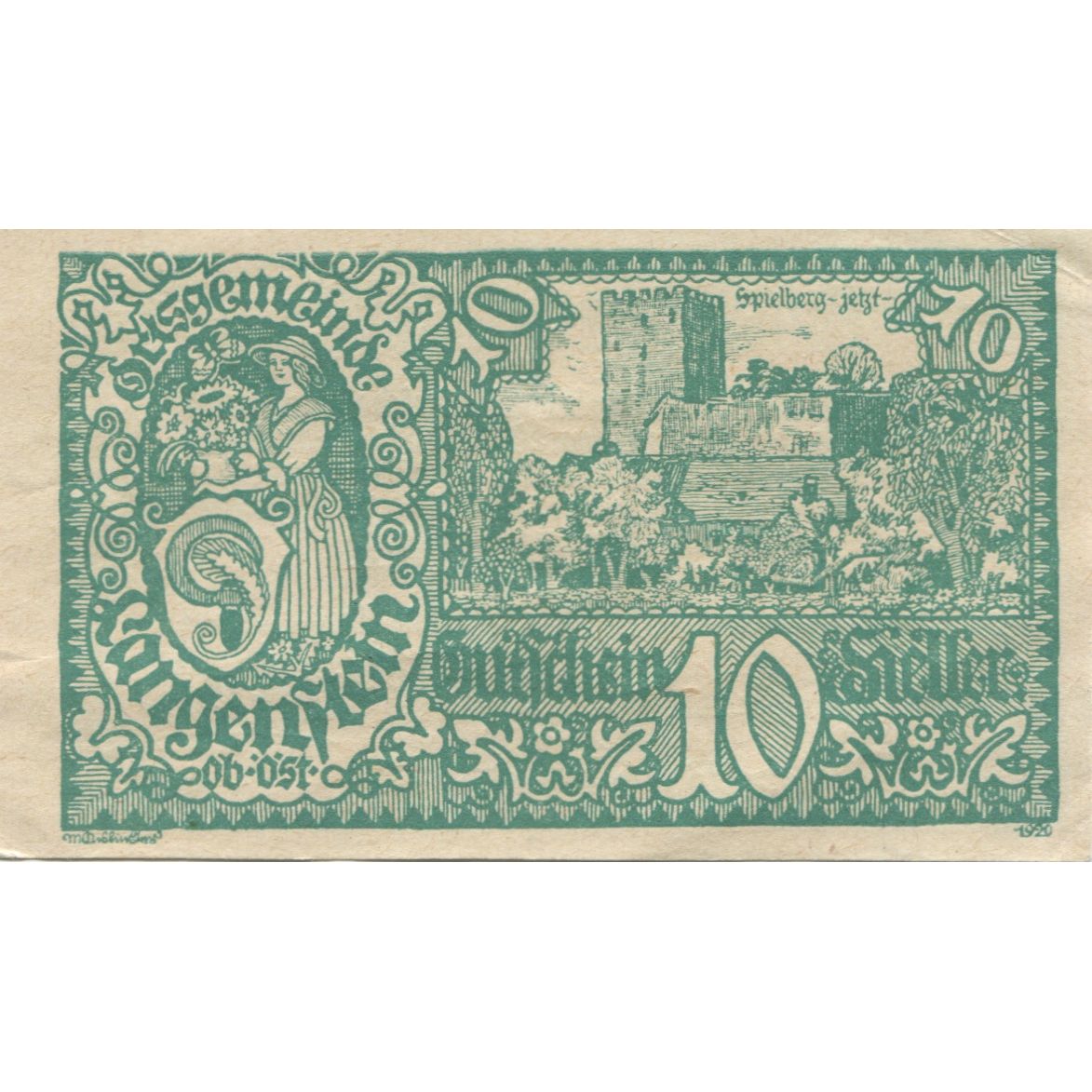 Banknote, Austria, Langenstein, 10Heller, château 1920 UNC(60-62), Mehl:FS 502a