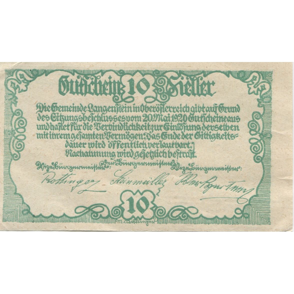 Banknote, Austria, Langenstein, 10Heller, château 1920 UNC(60-62), Mehl:FS 502a