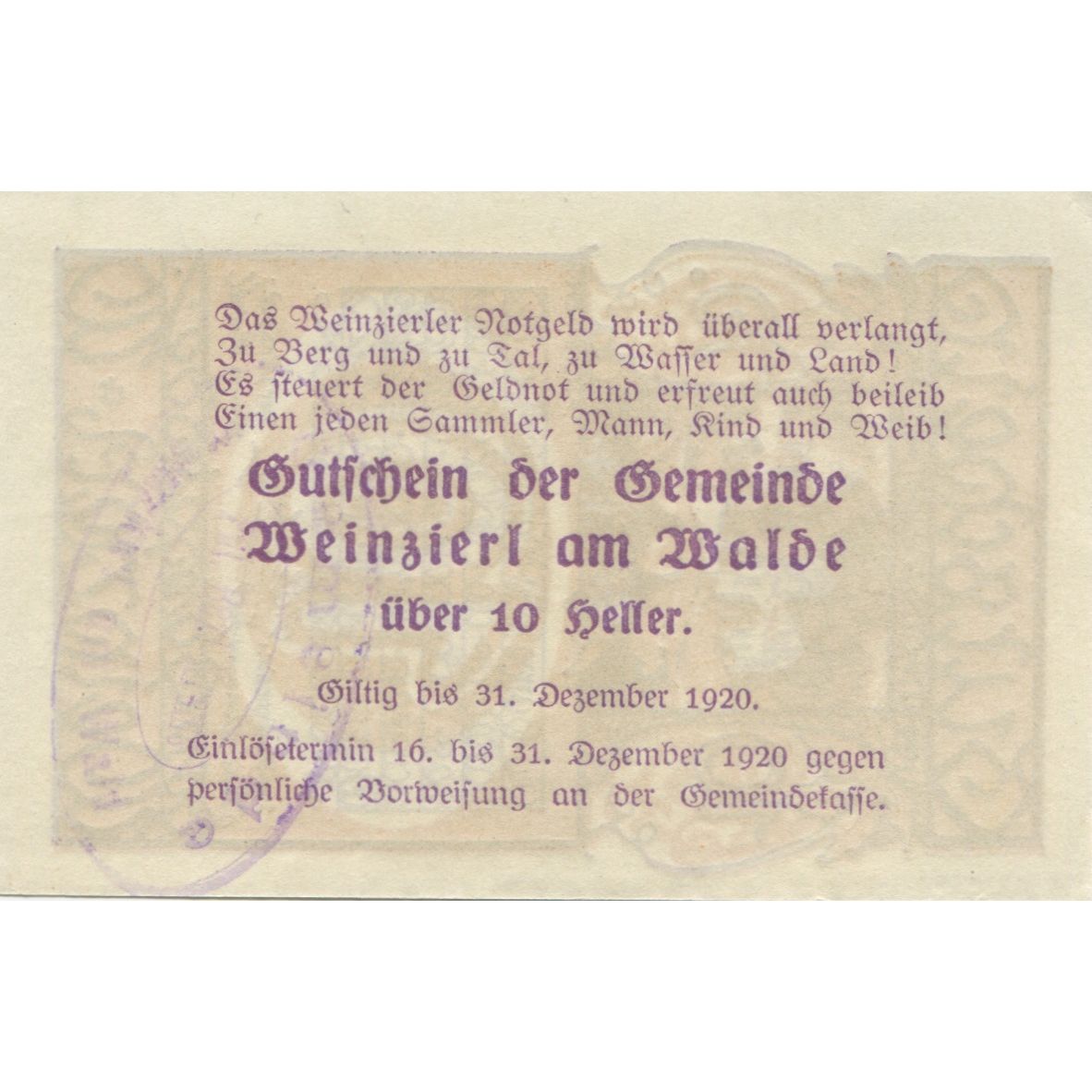 Banknote, Austria, Weinzierl, 10 Heller, ferme, 1920 UNC(63) Mehl:FS 1153