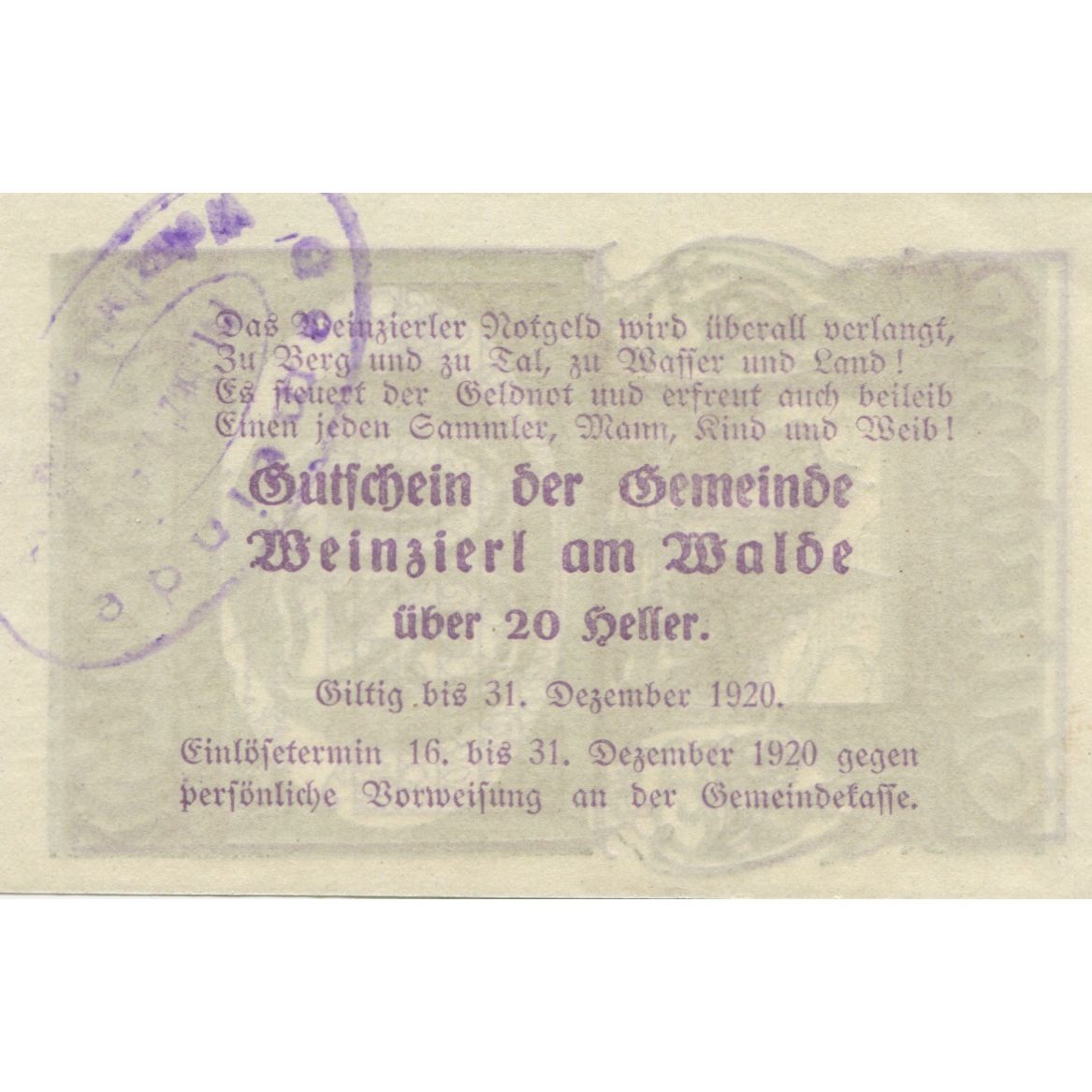 Banknote, Austria, Weinzierl, 20 Heller, Eglise 1920-06-13, UNC(63) Mehl:FS 1153