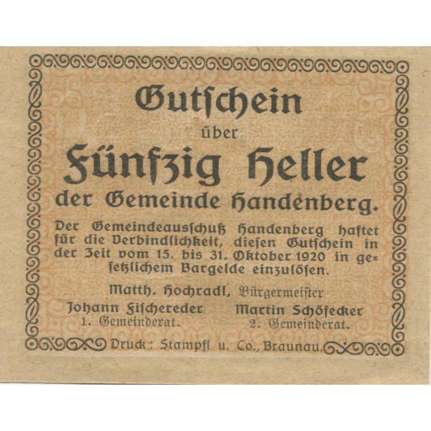 Billet, Autriche, Handenberg, 50 Heller, paysage 1920-10-31, SPL, Mehl:FS 347a