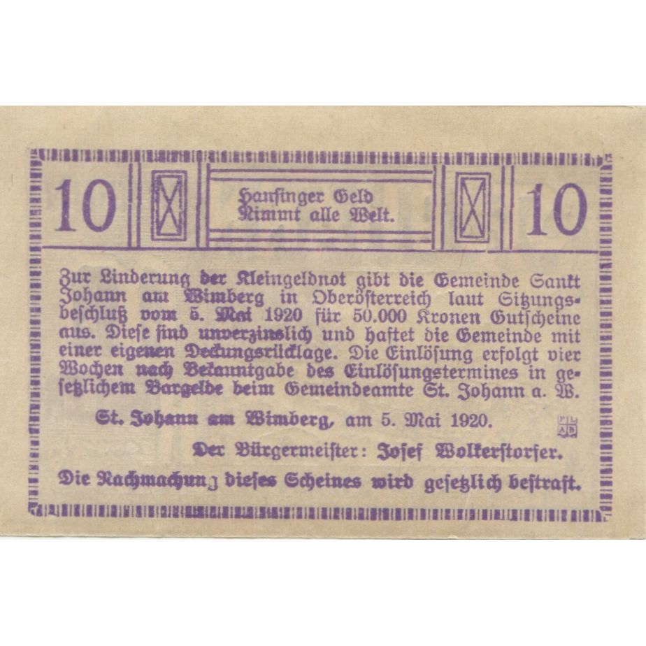 Banknote, Austria, St Johann, 10 Heller, paysage, 1920, UNC(63), Mehl:FS 894