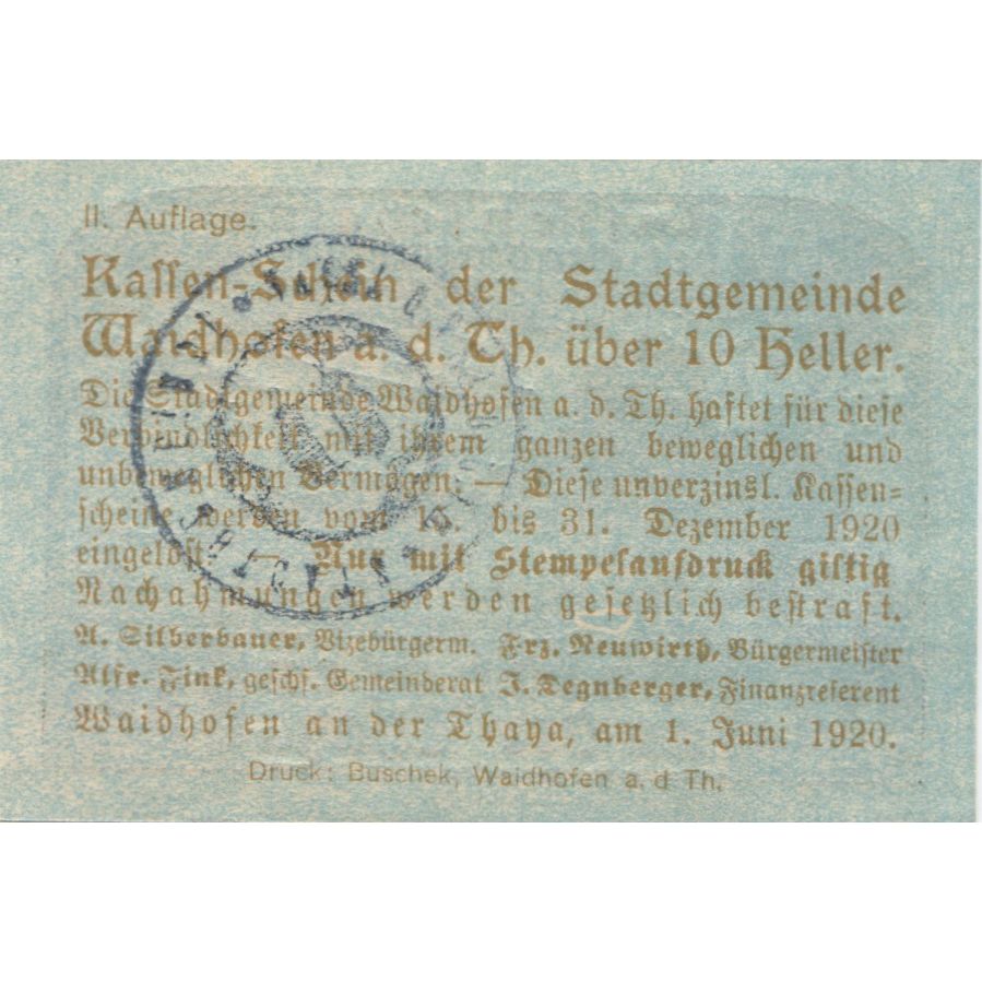 Banknote, Austria, Waidhofen, 10 Heller, château, 1920 UNC(63) Mehl:FS 1125