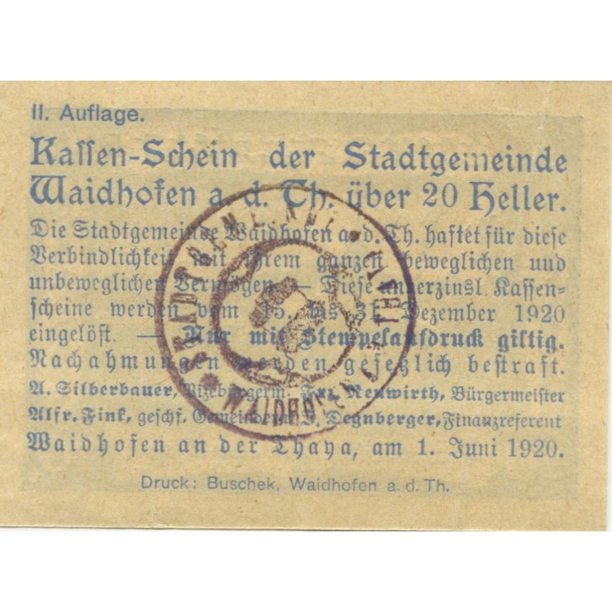 Banknote, Austria, Waidhofen, 20 Heller, paysage, 1920 UNC(63) Mehl:FS 1125