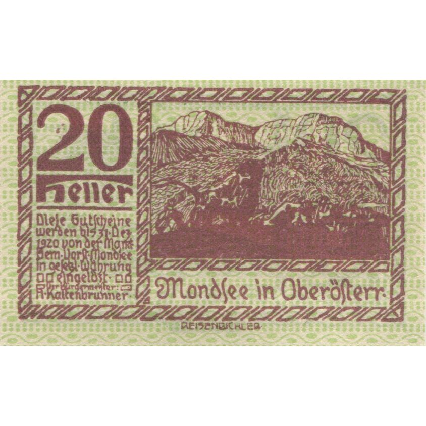 Banknote, Austria, Mondsee, 20 Heller, paysage, 1920 UNC(63) Mehl:FS 626a1