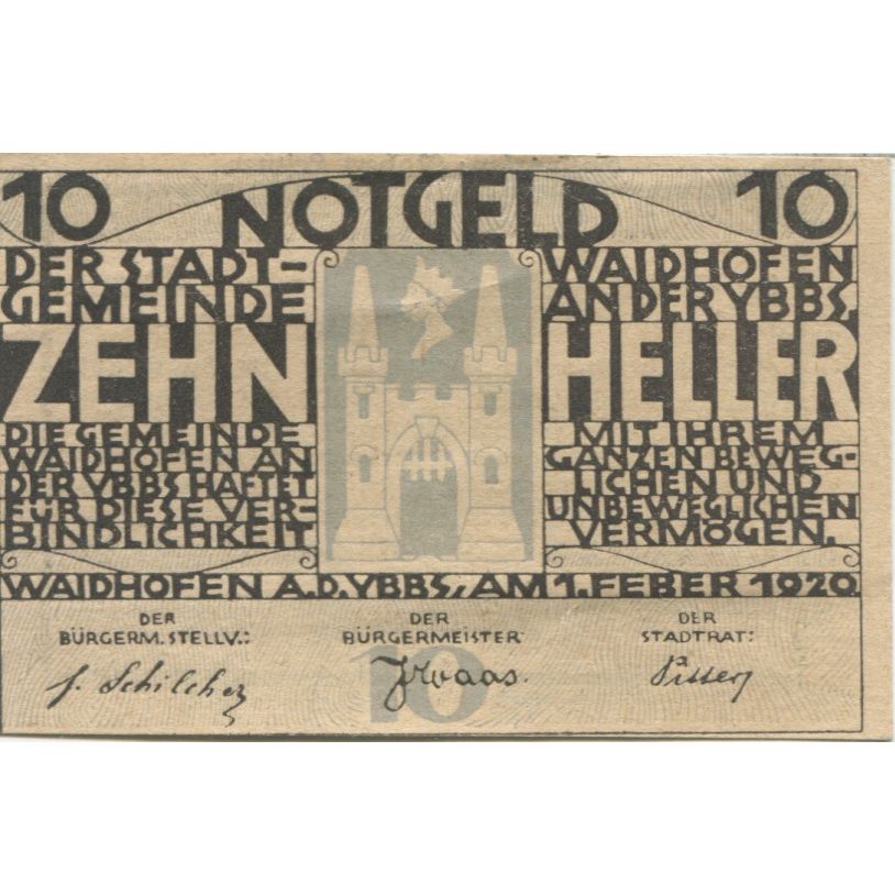 Banknote, Austria, Waidhofen, 10 Heller, château, 1920 UNC(63) Mehl:FS 1125
